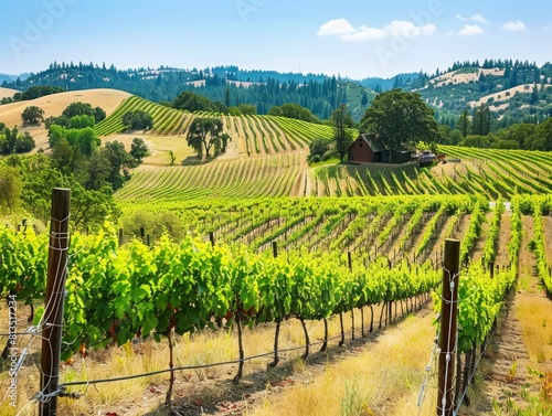 A vineyard with a red barn in the background