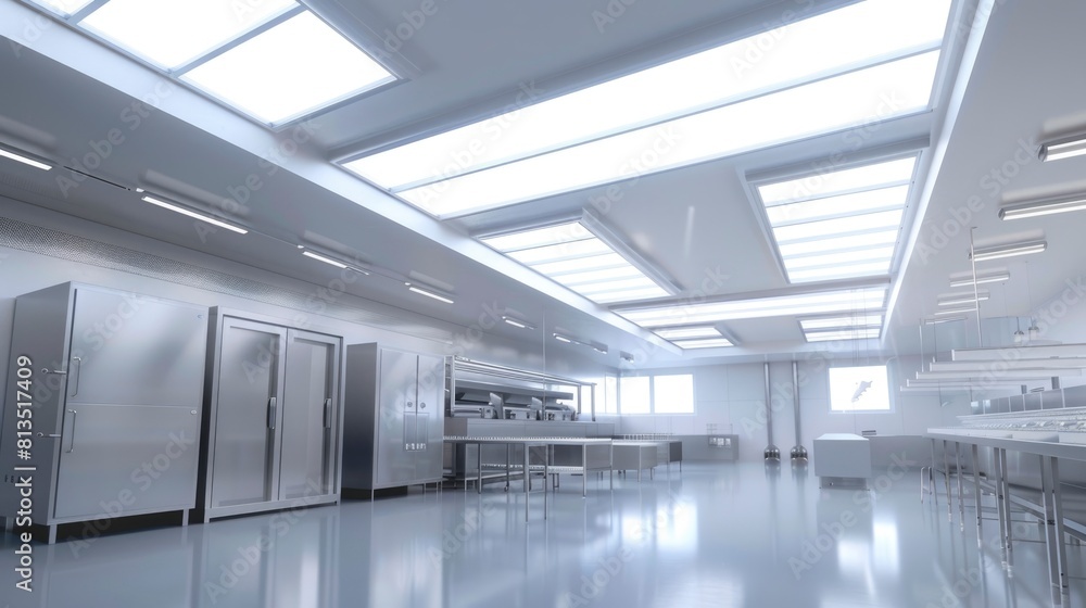 A large, empty room with a lot of stainless steel appliances and a lot of light A large, empty room with a lot of stainless steel appliances and a lot of light