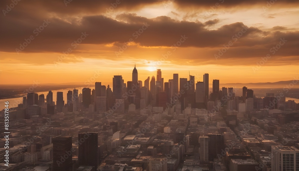 A city skyline at sunset with warm golden hues upscaled 3