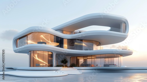 3D illustration of modern digital architecture  front view  sleek and innovative structures  technology tone  Complementary Color Scheme