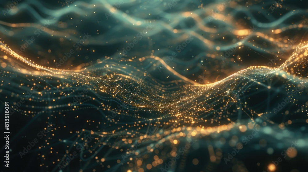 The image is a computer generated image of a wave with gold and blue colors The image is a computer generated image of a wave with gold and blue colors