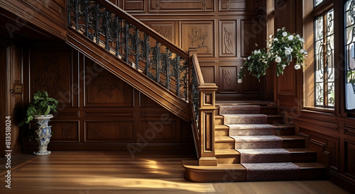 Elegant Wooden Staircase in Vintage Interior