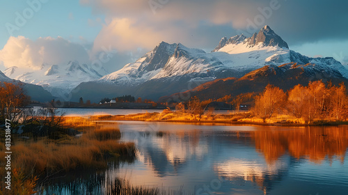 A photo featuring the midnight sun casting its golden light over the rugged landscape of northern Norway. Highlighting the snow-capped peaks and sparkling glaciers, while surrounded by the tranquility