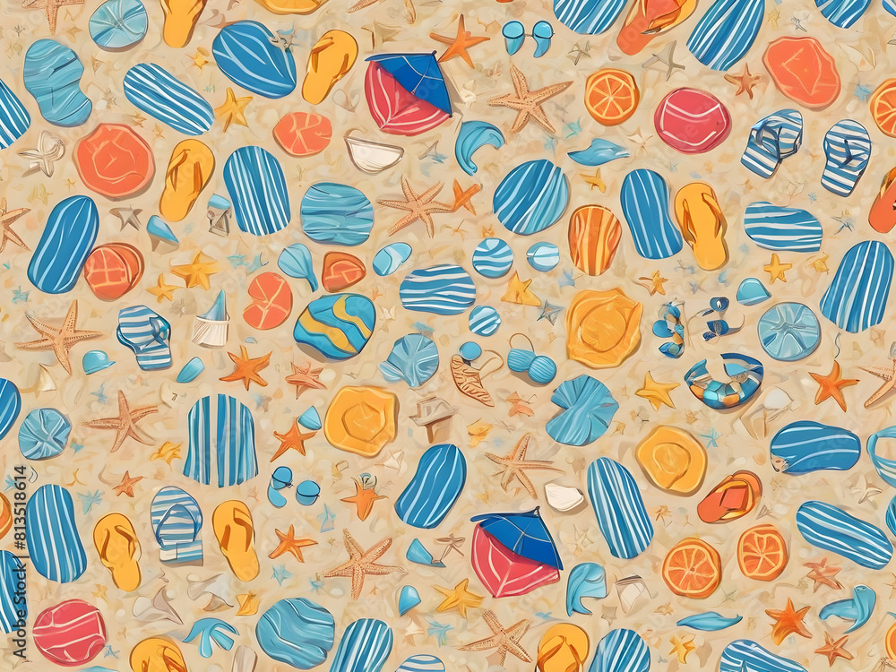 Summer themed drawing illustration background pattern in yellow tones, Generative AI