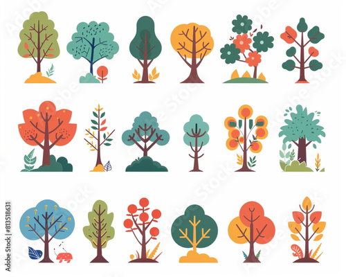 a set of flat vector trees and plants icons in the style of simple shapes, bold colors, playful use of negative space, rounded forms, storybook illustrations,