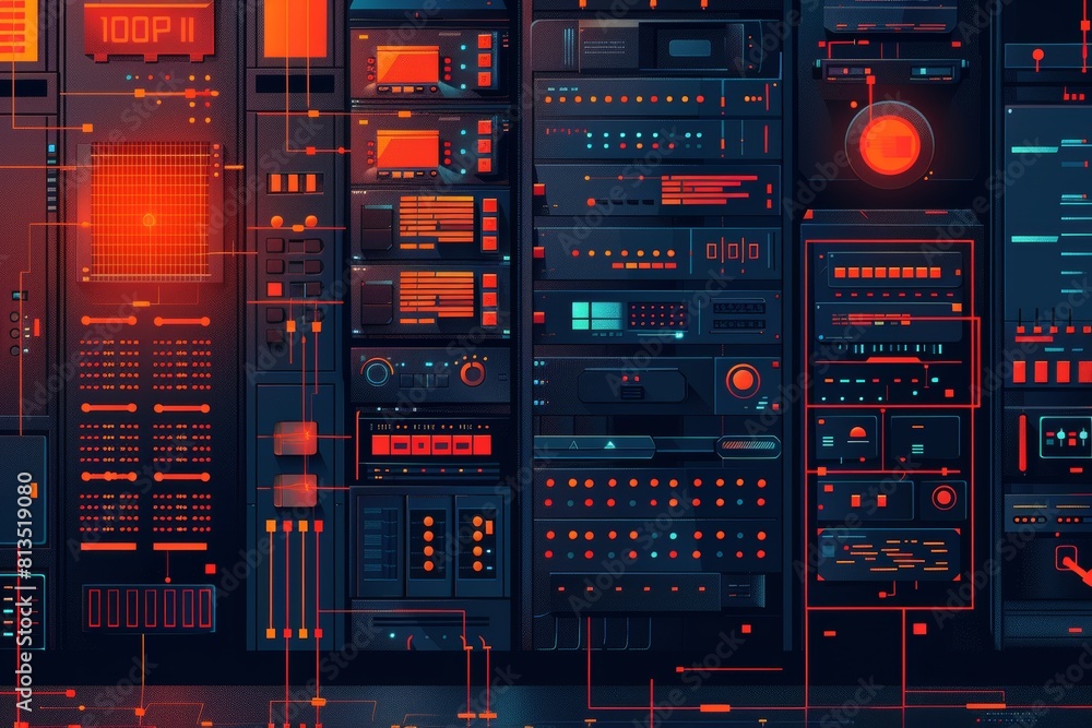 Conceptual flat illustration of a firewall system setup, side view, essential for network defense, advanced tone, Analogous Color Scheme Conceptual flat illustration of a firewall system setup, side view, essential for network defense, advanced tone, Analogous Color Scheme