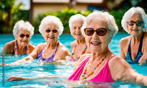elderly women doing water aerobics in the pool. Selective focus.