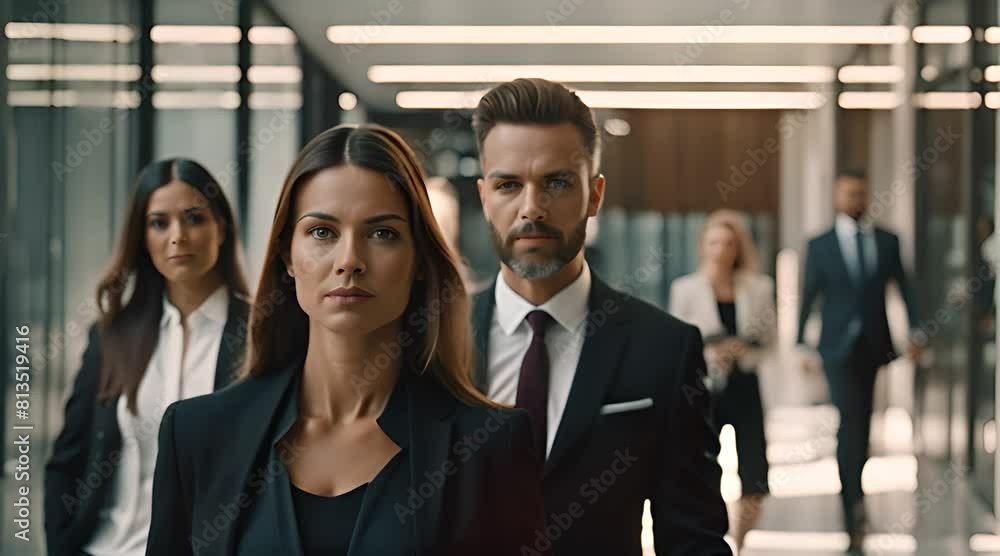 Group of professional businesspeople confidently walking through the modern office building. Group of professional businesspeople confidently walking through the modern office building.