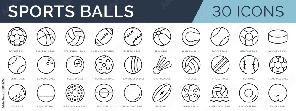 Set of 30 outline icons related to sports balls. Linear icon collection. Editable stroke. Vector illustration Set of 30 outline icons related to sports balls. Linear icon collection. Editable stroke. Vector illustration