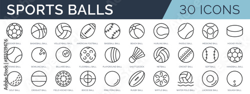 Set of 30 outline icons related to sports balls. Linear icon collection. Editable stroke. Vector illustration