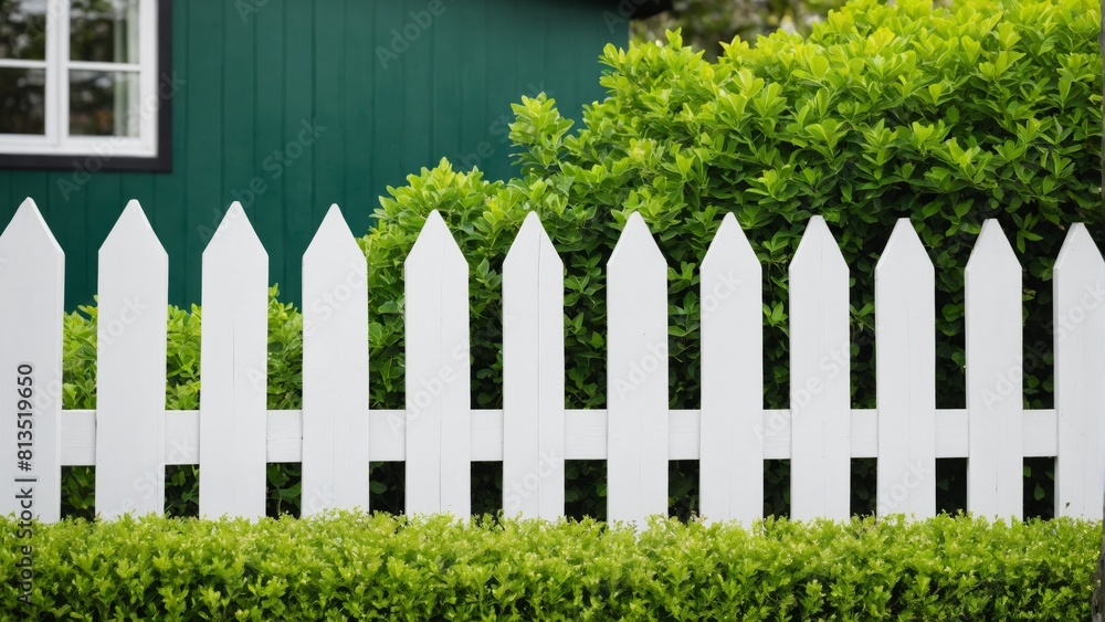 White picket fence and green bushes