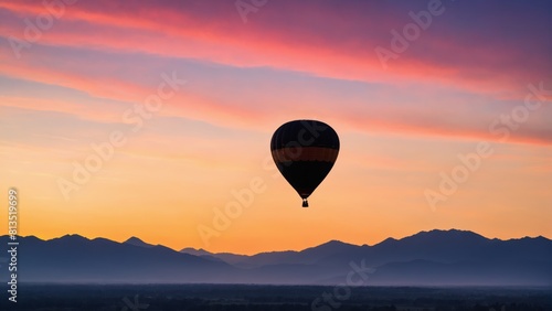 Balloon flying over mountains at sunset © Dmitriy