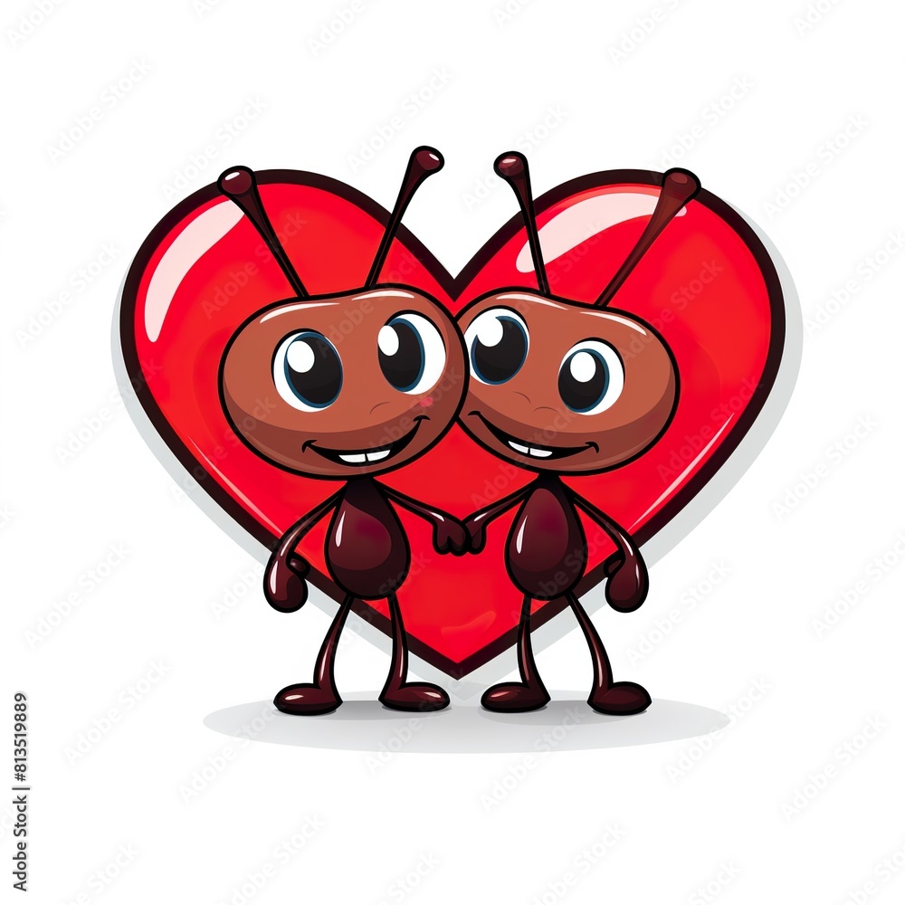 Obraz premium Two stick-figure ants sharing a heart-shaped crumb. 