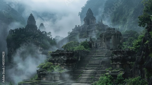 Ancient ruins on a foggy mountain Complete with forgotten temples and deserted paths Mysterious fog covers photo