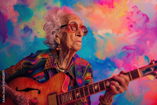 A vibrant studio portrait capturing the essence of an elderly woman lost in her music against a colorful backdrop