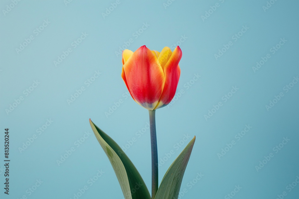 A single tulip with red petals and yellow inner petals and a blue stem with two green leaves A single tulip with red petals and yellow inner petals and a blue stem with two green leaves