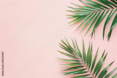 A soft pink background with two palm leaves on the right side  creating an elegant and minimalist aesthetic for wedding branding materials or graphic designs. white wall with palm leaves
