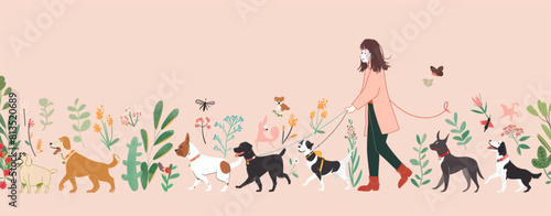 A woman is walking with her dog. She has colorful shapes on the bag in front of them. The illustration style is flat with a simple and minimalistic design