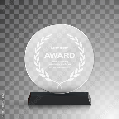 Glass winner trophies. Glass Trophy Awards. First place award, crystal prize and signed acrylic trophies. Glass award trophy or winner prize realistic vector illustration. Transparent crystal plate