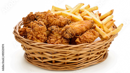 A basket of Fried Chicken and French Fries isolated on a white background