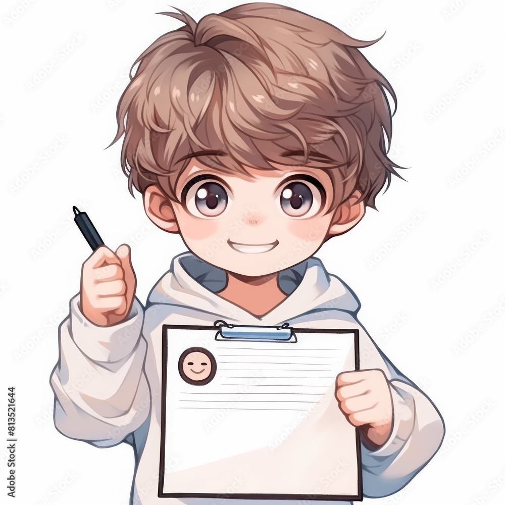 A detailed anime-style rendering of a character holding a pen in one hand and a clipboard with a smiley face in the other Face is obscured