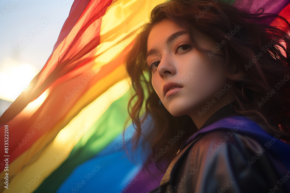 Prideful Gaze: Young Asian Woman with Rainbow Flag Prideful Gaze: Young Asian Woman with Rainbow Flag