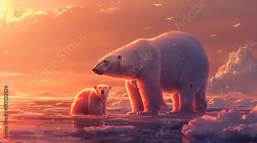 Two Polar Bears Standing in Water at Sunset