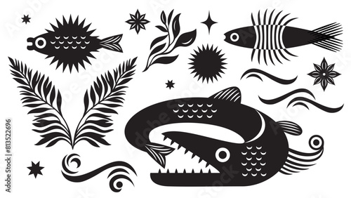 Black and white abstract stylized fishes 