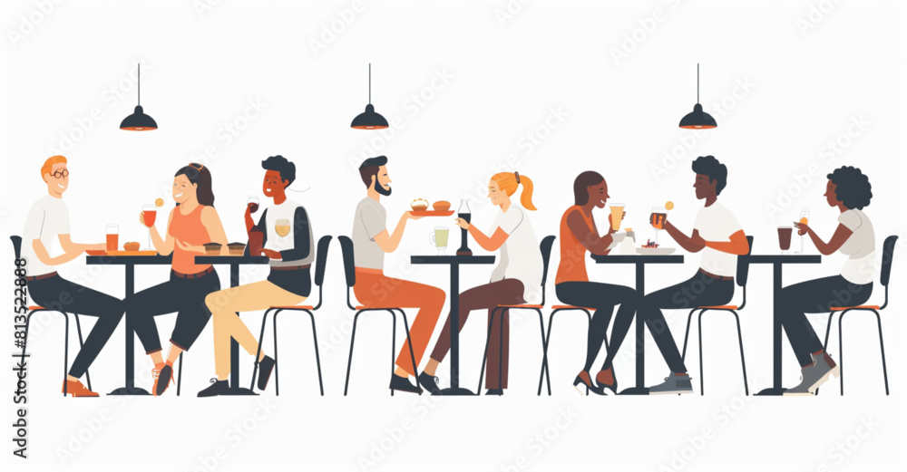 
Cafe people scene, happy customers and staff in restaurant or cafe sitting at tables with food and drinks on a white background vector illustration