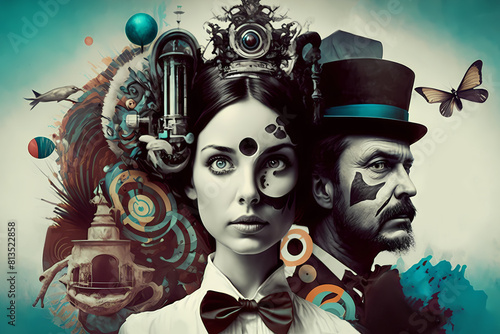 Steampunk illustration of man and woman Creative collage photo