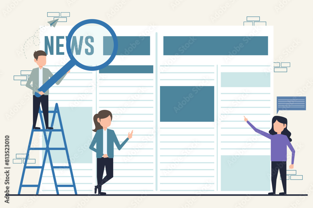 Fototapeta premium Flat design illustration for newspaper concept. Man and woman looking for information in newspaper