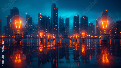 A visually rich composition showcasing a futuristic city skyline illuminated by rows of giant light bulbs, each representing a groundbreaking idea or technological innovation that photo