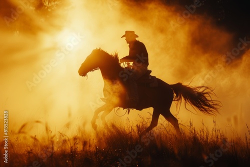 Dramatic silhouette of a cowboy riding a rearing horse at sunset in a dusty field