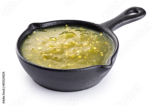 Tomatillo Salsa Verde sauce in sauce pan isolated on white background. With clipping path.