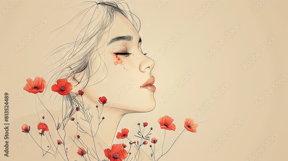 Fototapeta premium Abstract Flower Girl Illustration with Poppies and Modern Art Touch