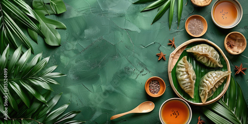 Zongzi. Rice dumpling for Chinese traditional Dragon Boat Festival (Duanwu Festival) on green table background. Banner. Flat lay, top view. Copy space. Mock up.