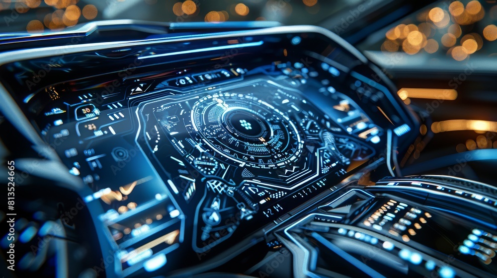A depiction of a futuristic car dashboard screen, intricate geometric patterns, cool blue and silver colors, symbolizing innovation and luxury. Generative AI. A depiction of a futuristic car dashboard screen, intricate geometric patterns, cool blue and silver colors, symbolizing innovation and luxury. Generative AI.