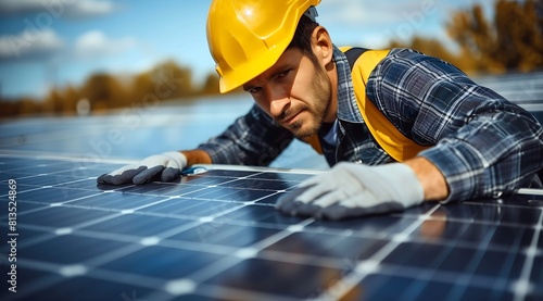 worker installing solar panels on a roof