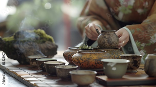 traditional tea ceremony d in a serene setting, with elegant teaware, aromatic tea leaves, and graceful movements symbolizing hospitality, respect, and the importance of ritual in cultural traditions.