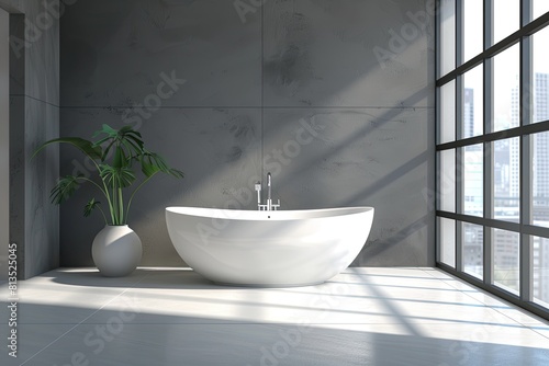 Bathroom with bathtub  window  wood flooring  and rectangular fixture