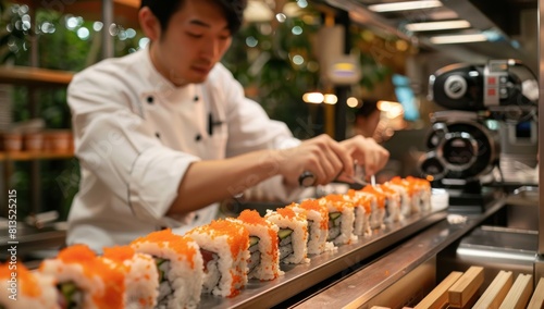 Experiment with different angles to capture the dynamic movement of the robotic arm as it prepares sushi with finesse. photo