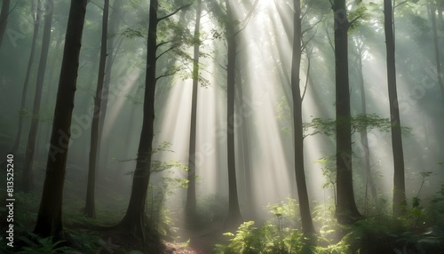 A mist covered forest with shafts of sunlight pier © Samreen