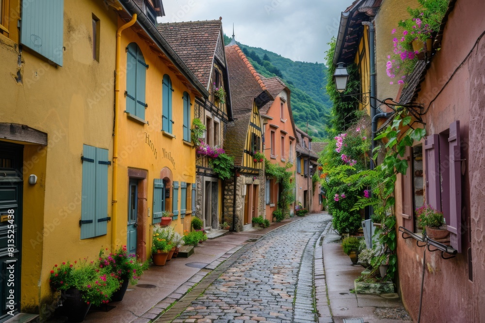 Obraz premium A charming street scene of an old European village with cobblestone streets and colorful buildings