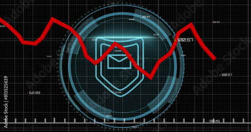 Image of red line, padlock and data processing over black background
