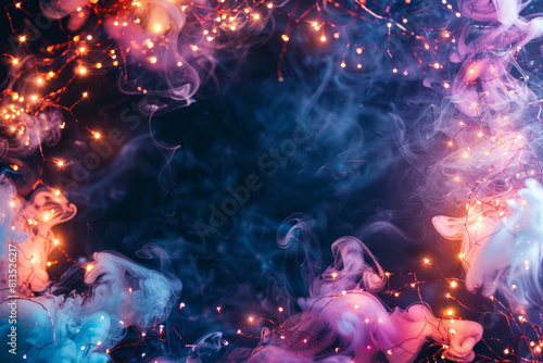 Beautiful fairy lights pattern with colorful smokes around the frame with blank center for background © grey