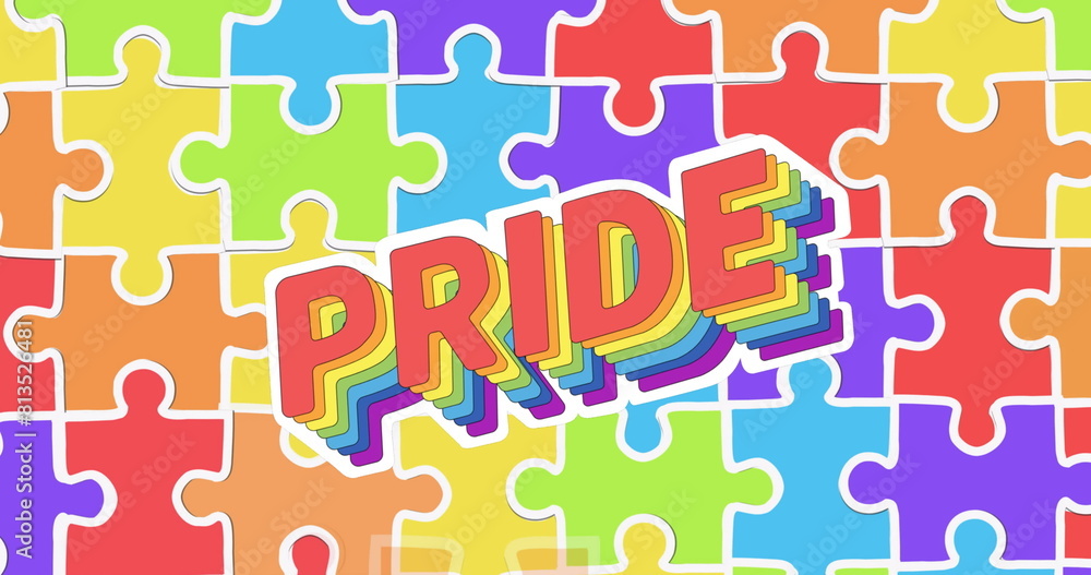 Image of pride text over rainbow puzzle Image of pride text over rainbow puzzle