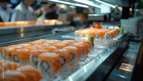 Illuminate the sushi ingredients being carefully placed by the robotic arm, emphasizing freshness and quality. photo