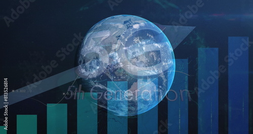 Image of globe financial data processing over globe spinning and arrows