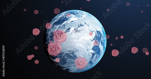 Image of falling roses over spinning globe
