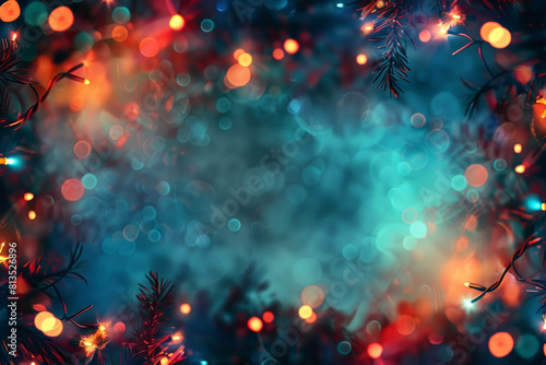 Beautiful fairy lights pattern with colorful smokes around the frame with blank center for background